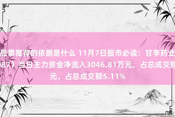 股票推荐的依据是什么 11月7日股市必读：甘李药业（603087）当日主力资金净流入3046.81万元，占总成交额5.11%