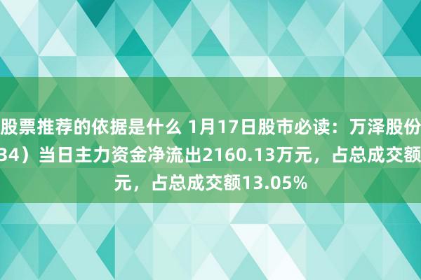 股票推荐的依据是什么 1月17日股市必读：万泽股份（000534）当日主力资金净流出2160.13万元，占总成交额13.05%