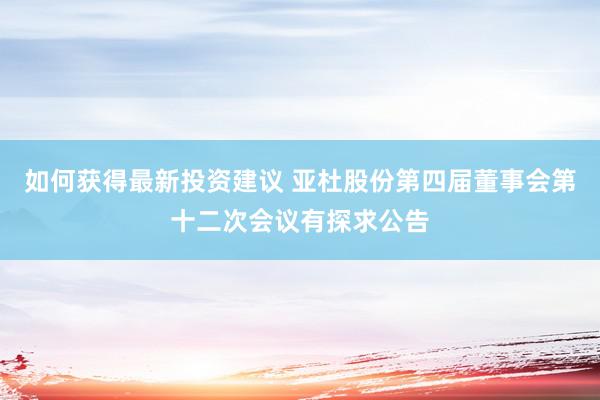 如何获得最新投资建议 亚杜股份第四届董事会第十二次会议有探求公告